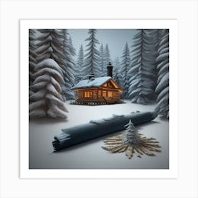 Small wooden hut inside a dense forest of pine trees with falling snow 8 Art Print