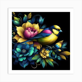 Colorful Bird With Flowers Art Print