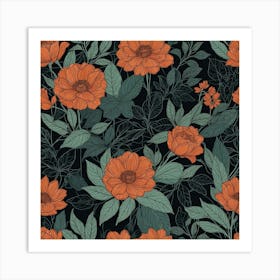 Orange Flowers On A Black Background Art Print