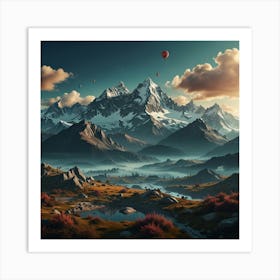 Mountain Landscape With Hot Air Balloons Art Print