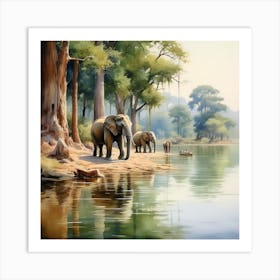 Elephants By The River Art Print