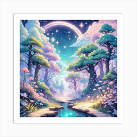 A Fantasy Forest With Twinkling Stars In Pastel Tone Square Composition 393 Art Print