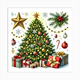 Festive Christmas Tree with Decorations and Gifts Art Print