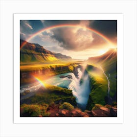 Rainbow Over Waterfall In Iceland 1 Art Print