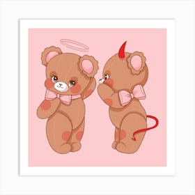 Cute Angel & Devil Bears Art Print