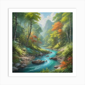 A stunning landscape painting featuring a crystal clear river winding through a lush forest, with vibrant colors and intricate details. 2 Art Print