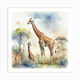 Giraffe In The Wild With Other Animals Watercolor Sty 1 Art Print