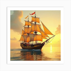 Majestic Galleon In Watercolor Golden Sunset 1 Art Print