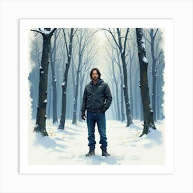 Watercolor Portrait Of Keanu Reeves Standing In A Serene Winter Forest Art Print