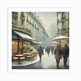 Paris cafes, winter season, Christmas, pale colors, pedestrians in the street, winter clothes, falling snow.18 Art Print