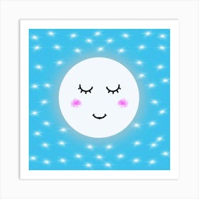 Sleepy Moon And Stars Blue Nursery  Art Print