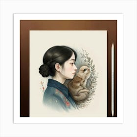 Asian Girl With A Rabbit Art Print