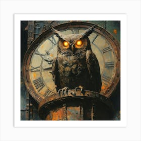 Owl On A Clock Art Art Print