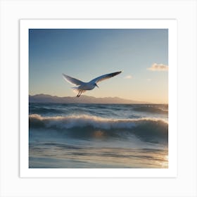 A White Bird Flying By Ocean Art Print