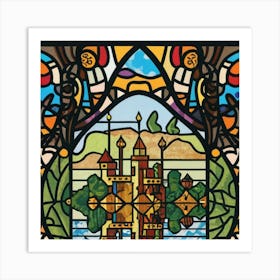 Image of medieval stained glass windows of a sunset at sea 3 Art Print