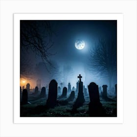 Cemetery Scene On A Halloween Night With Fog And Ghostly Silhouettes Against The Night Sky Haunted Art Print