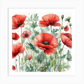 Watercolor garden Poppies Art Print