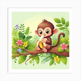 Cartoon Monkey On A Tree Branch Art Print