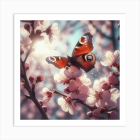 Butterfly On Cherry Blossoms Art Print