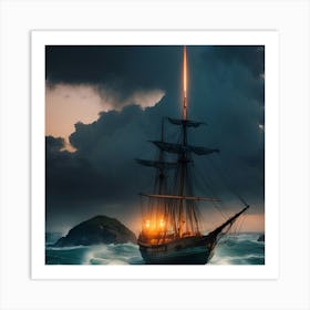 Pirate Ship In Stormy Sea Art Print