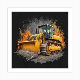 Yellow bulldozer surrounded by fiery flames 9 Art Print