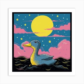 Duckling Under The Stars Linocut Style 1 Art Print
