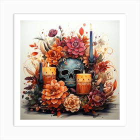 Day Of The Dead Skull And Flowers Art Print