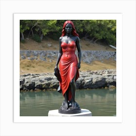 Estatua Vestido Rojo A Orillas De Un Riachuelo Art Print