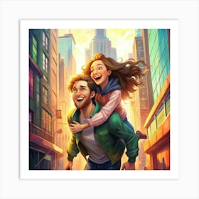 Smiling Couple Walking In The City Art Print