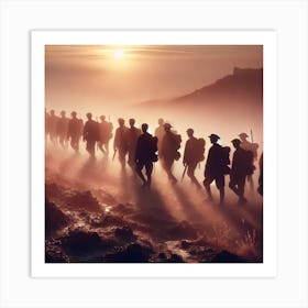 Marching Shadows at Dawn Wall Art: A Dramatic Silhouette Scene of Soldiers for Powerful and Reflective Decor Print Art Art Print