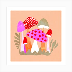 Mushroom Friends all shapes and sizes Pink Red Peach fuzz Art Print