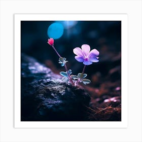 Up close on a black rock in a mystical fairytale forest, alice in wonderland, mountain dew, fantasy, mystical forest, fairytale, beautiful, flower, purple pink and blue tones, dark yet enticing, Nikon Z8 - Image 4 Art Print