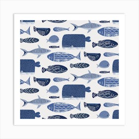 Blue Fish Whales Bathroom Pattern Poster