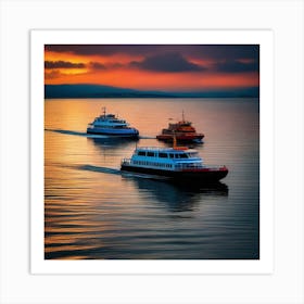 Three Ferry Boats At Sunset Art Print