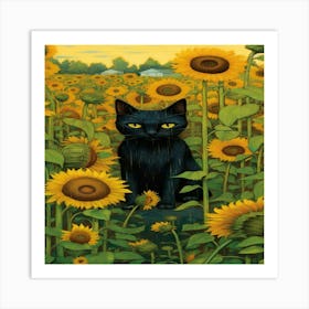 Black Cat In Sunflower Field Art Print