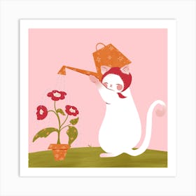 Cat Gardening - Floral Cat - Kitsch Retro Car 1 Art Print