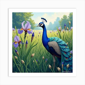 Peacock By Field Of Irises 1 Art Print