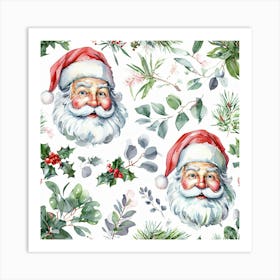 Festive Watercolor Pattern With Santa And Lush Greenery Art Print