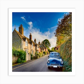 Blue Car On A Country Road Art Print