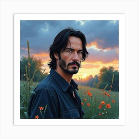 Watercolor Portrait Of Keanu Reeves In A Tranquil Garden At Twilight 1 Art Print