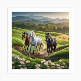 Three Horses Running In A Field Art Print