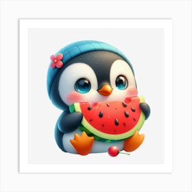 Cute Penguin Eating Watermelon Art Print