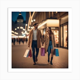 Photo Happy Couple With Shopping Bags Enjoying Night At City 1 Art Print