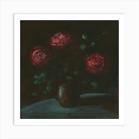 Three Red Roses - dark painting impressionism square floral flowers Anton Maliar brown black Art Print