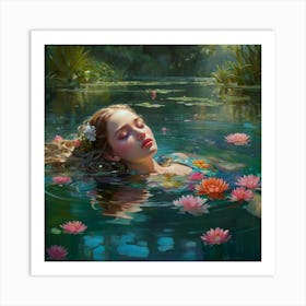 A gracefully floating water nymph, her delicate form surrounded by a tranquil garden of ethereal water blossoms. The petals of these flowers convey a range of emotions, shifting gently with the breeze that ripples through the crystal clear water. The aquatic stems showcase a vibrant array of colors, dazzling the eyes with their beauty. This captivating scene is depicted in a stunningly detailed painting, where every aspect is brought to life with rich and vibrant hues against green surroundings, crossing reality and illusion, highly detailed, cinematic scene, dramatic lighting, ultra realistic 1 Art Print