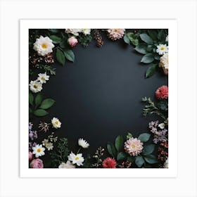 Floral Frame On Black Background 2 Art Print