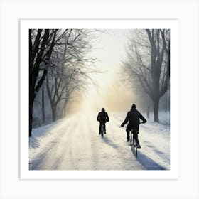 Two Cyclists On A Snowy Road Art Print