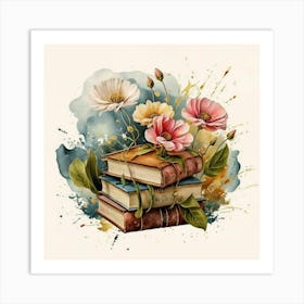 Best books and flowers on watercolor background 7 Art Print