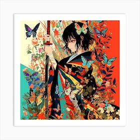 Samurai Girl With Butterflies Art Print