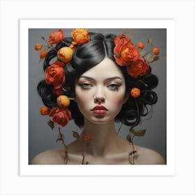 Portrait Of A Woman With Flowers Art Print